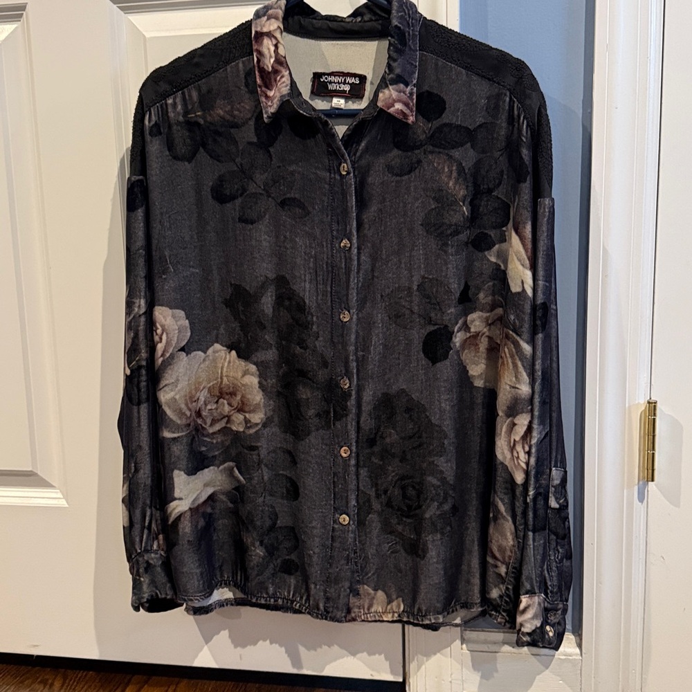 Johnny Was Velvet Floral Button-Down Shirt